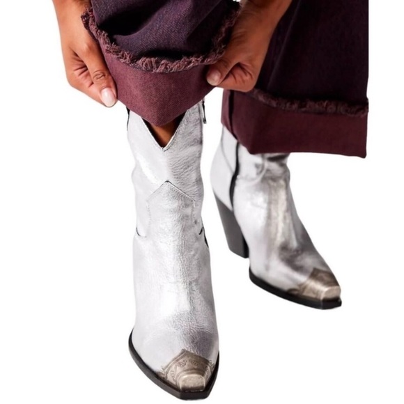 Free People Shoes - Free People Brayden Metallic Leather Metal Toe Western Cowboy Boots Booties 8.5